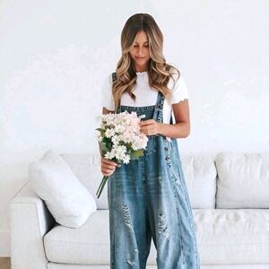 Loose Adjustable Strap Distressed Denim Bib Overall Jumpsuit